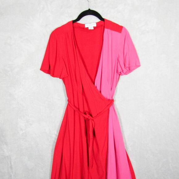 Never Fully Dressed Dress US 8 Pink Red Wrap Midi Tie Short Sleeve - Picture 1 of 11